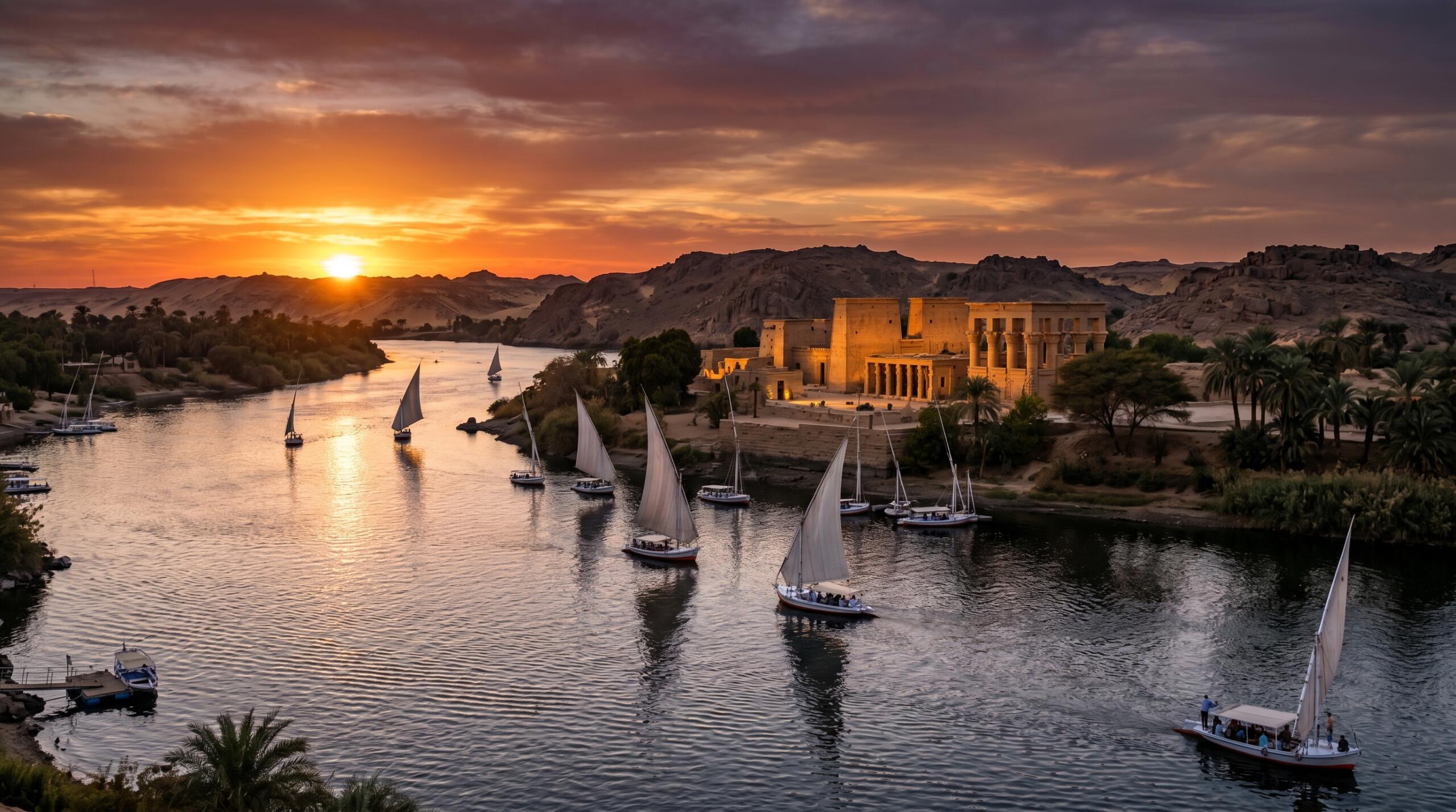 A panoramic, high-resolution view of the Nile River in Aswan with traditional white-sailed feluccas gliding past the illuminated Philae Temple during a vibrant sunset.