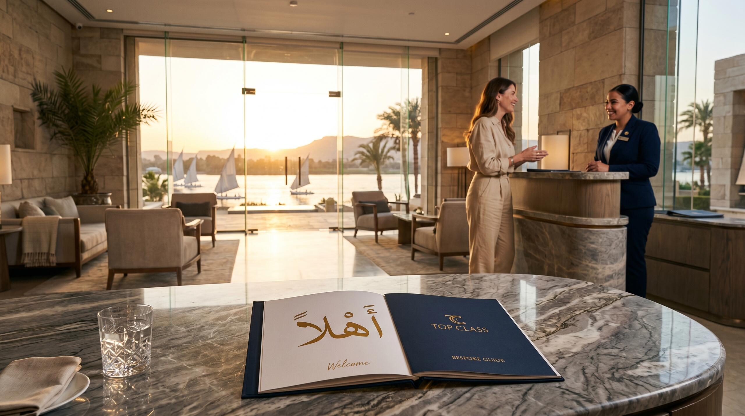 A premium hotel lobby in Egypt at sunset, featuring a bespoke travel guide on a marble table with the Arabic word "Ahlan" (Welcome) in gold calligraphy.