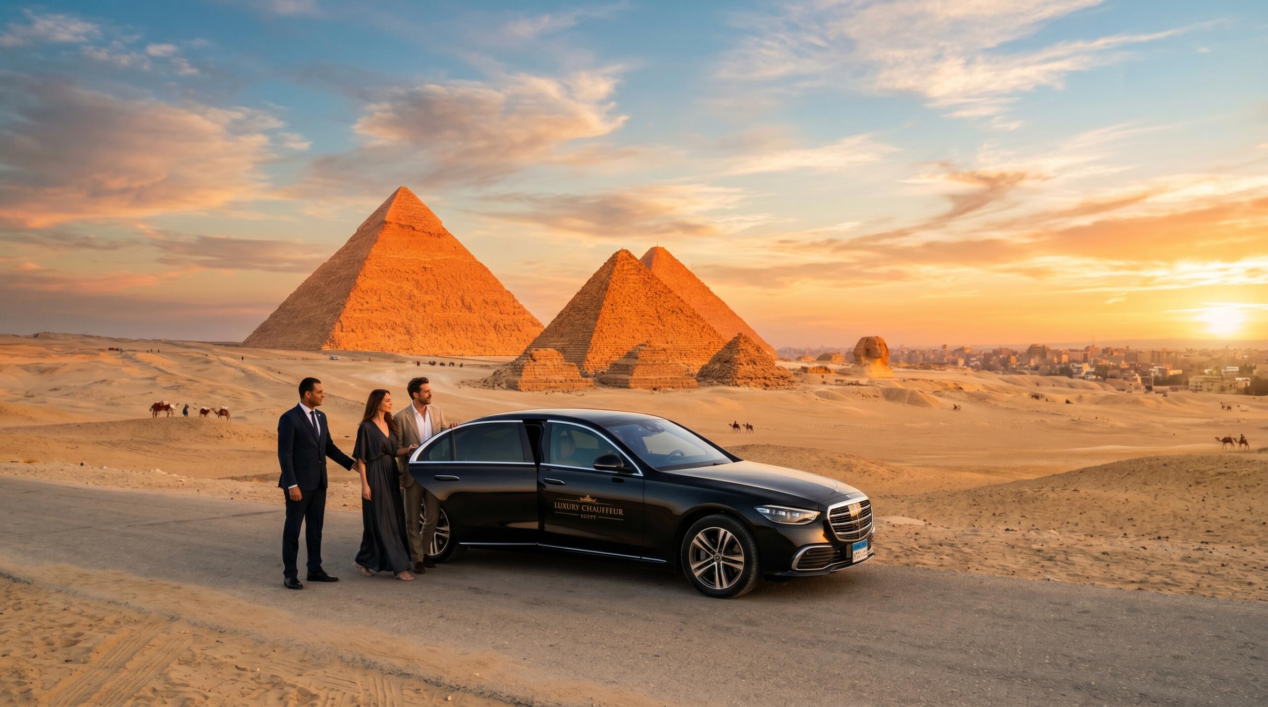 A black luxury sedan with a chauffeur standing by the Great Pyramids of Giza during a golden sunset.
