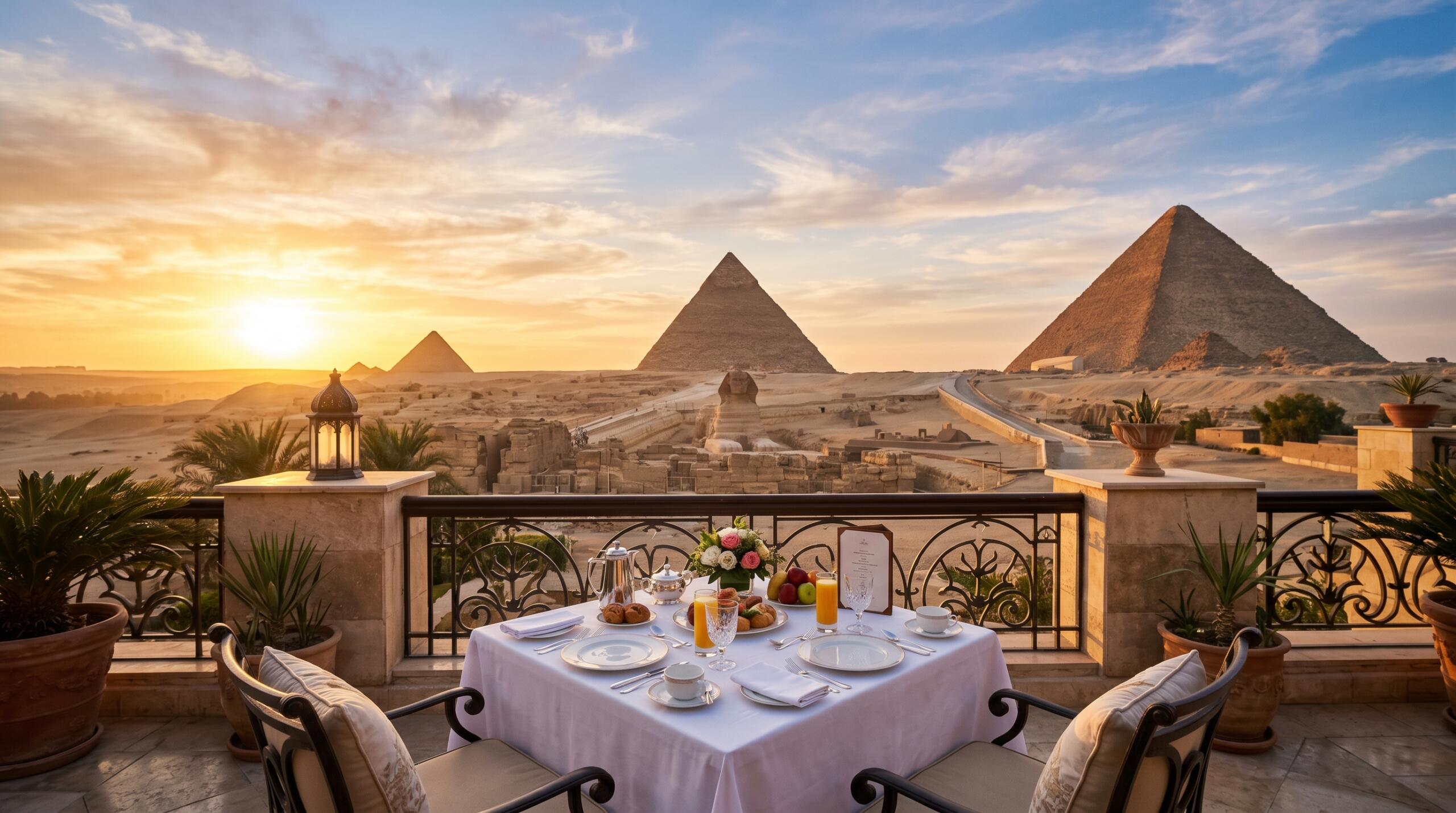 A private, elegantly set breakfast table on a luxury terrace featuring white linens and fine china, overlooking the Great Pyramids and the Sphinx during a golden sunrise.
