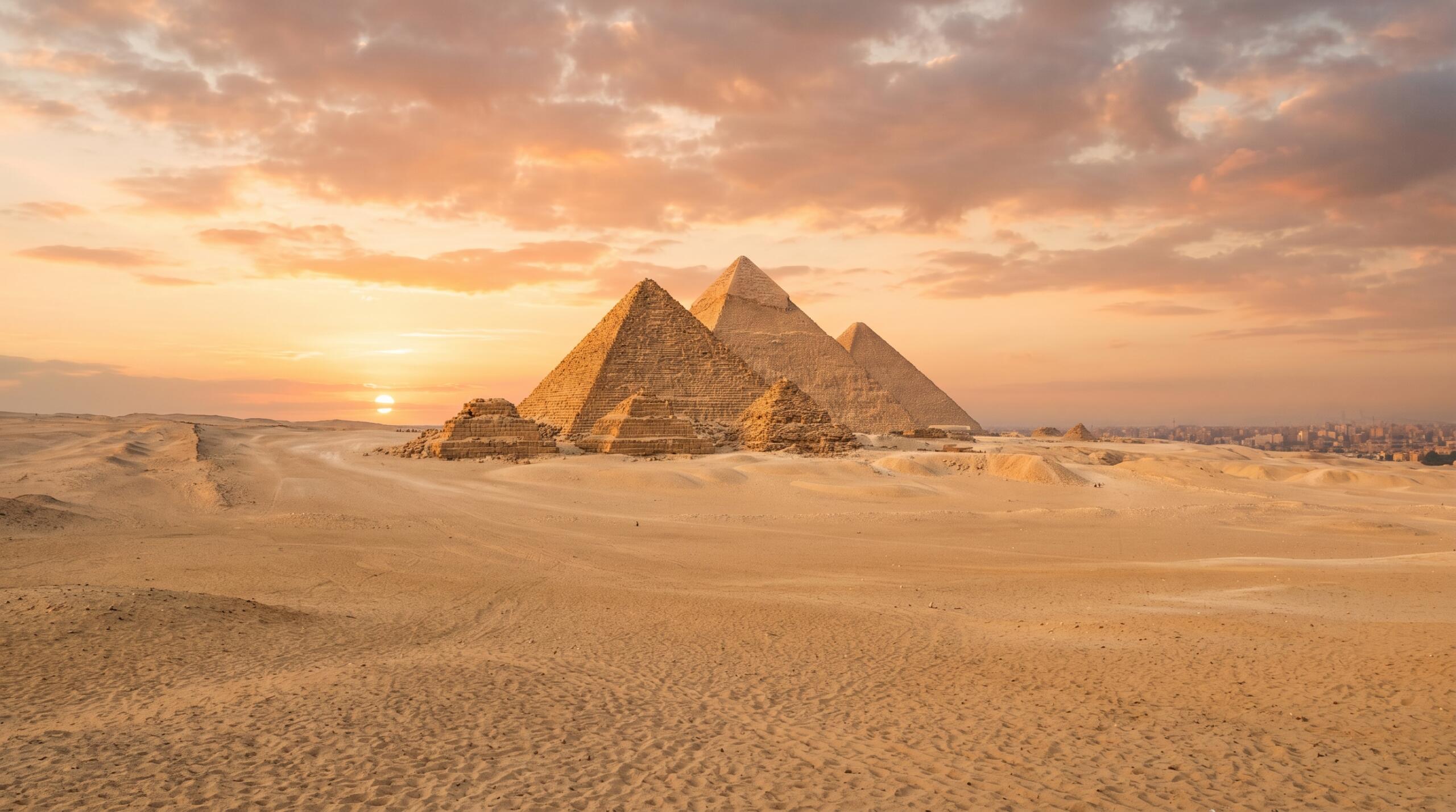Wide panoramic view of the Great Pyramids of Giza under a vibrant sunset sky with golden desert sands.